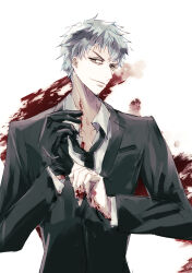 Rule 34 | 1boy, absurdres, black gloves, black necktie, black suit, blood, blood on hands, brown eyes, collarbone, fate/grand order, fate (series), formal, gloves, grey hair, highres, long sleeves, looking at viewer, male focus, necktie, saitou hajime (fate), shirt, short hair, smile, solo, suit, umikame, upper body, white shirt
