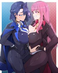 Rule 34 | 2girls, angry, black choker, black gloves, blazer, blue eyeliner, blue eyes, blue hair, blue necktie, breast press, breasts, choker, cleavage, clenched teeth, closed mouth, coat, collared shirt, earrings, eyeliner, face-to-face, gloves, hair intakes, hands on own hips, highres, hololive, hololive english, jacket, jewelry, large breasts, light trail, lightning glare, long hair, looking at another, moral cacoethes, mori calliope, multiple girls, navel, necklace, necktie, ouro kronii, pants, pink eyes, pink hair, shirt, short hair, smug, stomach, symmetrical docking, teeth, trench coat, very long hair, virtual youtuber