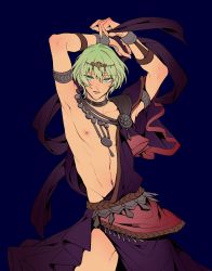 Rule 34 | 1boy, alternate costume, armlet, arms up, beads, blue background, byleth (fire emblem), byleth (male) (fire emblem), dancer, fire emblem, fire emblem: three houses, green eyes, green hair, highres, looking at viewer, mizuno (iori-amu), navel piercing, nintendo, parted lips, piercing, short hair, simple background, solo, tiara