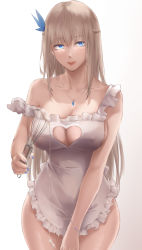 Rule 34 | 1girl, apron, bad id, bad pixiv id, bare shoulders, blonde hair, blue eyes, blue nails, blush, braid, breasts, cleavage, closed mouth, clothing cutout, collarbone, commentary request, covered erect nipples, frilled apron, frills, hair ornament, heart cutout, highres, jewelry, large breasts, lexington (warship girls r), long hair, looking at viewer, md5 mismatch, mixing, nail polish, naked apron, necklace, platinum blonde hair, resolution mismatch, revision, rifu (643763873), simple background, solo, strapless, warship girls r, whipping, white apron, white background