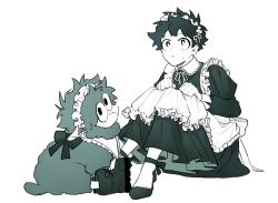 Rule 34 | 1boy, alternate costume, animal, animalization, apron, bad id, bad twitter id, black eyes, boku no hero academia, boots, bow, clenched hand, closed mouth, collared dress, commentary, crossdressing, curly hair, dress, freckles, frilled apron, frilled dress, frills, green bow, green footwear, green fur, green hair, hand on own knee, high heels, highres, korean commentary, long sleeves, looking at viewer, maid, maid apron, maid headdress, male focus, midoriya izuku, monochrome, on floor, qhsrp moy, ribbon, sheep, shoes, short hair, simple background, sitting, sneakers, spot color, sweatdrop, white apron, white background, white headdress, white headwear
