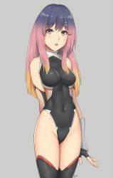 Rule 34 | 1girl, alternate breast size, arcie albano, artist name, black leotard, black thighhighs, blush, breasts, brown eyes, collarbone, collarbone visible through hair, covered navel, cowboy shot, fingerless gloves, gloves, grey background, hair ornament, hairclip, highres, impossible clothes, kantai collection, leotard, long hair, looking at viewer, medium breasts, multicolored hair, aged up, open mouth, orange hair, purple hair, sidelocks, simple background, solo, standing, taimanin (series), taimanin suit, thighhighs, tsushima (kancolle), upper body