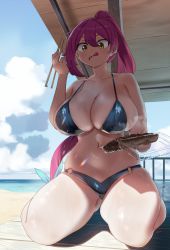 Rule 34 | 1girl, :q, bikini, black bikini, breasts, chopsticks, cloud, cloudy sky, commentary, deck, eating, english commentary, food, food in mouth, hair between eyes, halterneck, highres, huge breasts, long hair, midriff, navel, ocean, original, outdoors, ponytail, red hair, ryusei hashida, seiza, signature, sitting, sky, solo, swimsuit, thick thighs, thighs, tongue, tongue out, very long hair, yellow eyes