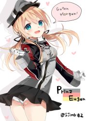 Rule 34 | 10s, 1girl, :d, anchor hair ornament, ass, black ribbon, black skirt, blonde hair, blue eyes, blush, character name, cross, from behind, german flag, german text, gloves, hair ornament, hair ribbon, hat, heart, iron cross, kantai collection, long hair, long sleeves, looking at viewer, looking back, microskirt, military, military uniform, miniskirt, open mouth, panties, pantyshot, peaked cap, pleated skirt, prinz eugen (kancolle), ribbon, shijima (sjmr02), silhouette, simple background, skirt, smile, solo, speech bubble, standing, twintails, twitter username, underwear, uniform, upskirt, white gloves, white panties
