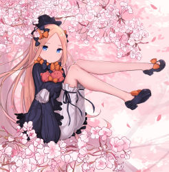 Rule 34 | 1girl, abigail williams (fate), bad id, bad pixiv id, black bow, black dress, black footwear, black headwear, blonde hair, bloomers, blue eyes, bow, cherry blossoms, closed mouth, dress, fate/grand order, fate (series), forehead, gantan, hair bow, legs, long hair, orange bow, parted bangs, polka dot, polka dot bow, sleeves past fingers, sleeves past wrists, solo, stuffed animal, stuffed toy, teddy bear, underwear, white bloomers