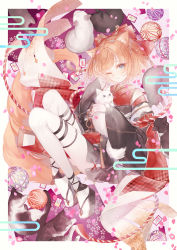Rule 34 | 1girl, absurdres, animal ears, blue eyes, cat, character request, detached sleeves, full body, highres, japanese clothes, kimono, looking at viewer, one eye closed, orange hair, original, pantyhose, red kimono, resolution mismatch, short hair, smile, source smaller, tail, virtual youtuber, white cat, white pantyhose, wide sleeves, yoggi (stretchmen)