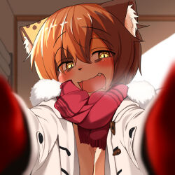 Rule 34 | 1girl, animal ears, animal nose, bags under eyes, blurry, blurry background, blurry foreground, blush, breasts, brown hair, cleavage, coat, commentary request, drooling, duffel coat, fang, fur-trimmed coat, fur trim, gloves, hair between eyes, head tilt, indoors, kagarimachi konatsu, large breasts, long sleeves, looking at viewer, medium breasts, meme, nekotsuki kohime (kagarimachi konatsu), open clothes, open coat, open mouth, orange hair, original, pov, pov cheek warming (meme), reaching, reaching towards viewer, red gloves, red scarf, scarf, slit pupils, solo, tareme, toggles, upper body, white coat, yellow eyes