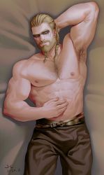 Rule 34 | 1boy, abs, arm behind head, armpit hair, armpits, bara, beard, blonde hair, braid, braided beard, brown pants, check copyright, chest hair, commission, copyright request, dakimakura (medium), facial hair, feet out of frame, highres, large pectorals, leather, long hair, looking at viewer, lying, male focus, mature male, muscular, muscular male, nipples, on back, original, pants, pectorals, saolin (wudangx), single braid, smile, solo, topless male
