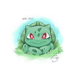 Rule 34 | animal focus, bright pupils, bulbasaur, claws, closed mouth, commentary request, creatures (company), fangs, game freak, gen 1 pokemon, higureya8, looking at viewer, nintendo, no humans, nostrils, on grass, pokedex number, pokemon, pokemon (creature), red eyes, signature, simple background, straight-on, white background, white pupils