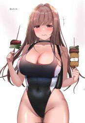 Rule 34 | 1girl, black choker, black one-piece swimsuit, blush, breasts, choker, cleavage, corrupted twitter file, curvy, eating, food, food on face, goddess of victory: nikke, highleg, highleg swimsuit, highres, holding, holding skewer, large breasts, light brown hair, long hair, official alternate costume, one-piece swimsuit, rapi (classic vacation) (nikke), rapi (nikke), red eyes, rufei bot, shiny skin, simple background, skewer, solo, swimsuit, twitter username, white background, white one-piece swimsuit, wide hips