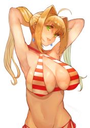 Rule 34 | 1girl, adjusting hair, ahoge, armpits, arms behind head, arms up, bikini, blonde hair, breasts, colk, earrings, fate/grand order, fate (series), green eyes, hair intakes, halterneck, highres, jewelry, large breasts, long hair, looking at viewer, navel, nero claudius (fate), nero claudius (fate) (all), nero claudius (swimsuit caster) (fate), parted lips, side-tie bikini bottom, smile, solo, striped bikini, striped clothes, swimsuit, twintails