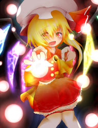 Rule 34 | 1girl, blonde hair, blush, crystal, dress, fang, female focus, flandre scarlet, foreshortening, goes32, hat, highres, red eyes, smile, solo, tagme, thighhighs, touhou, wings