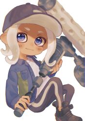 Rule 34 | 1girl, baseball cap, black footwear, black hat, black pants, blue eyes, blue shirt, closed mouth, commentary request, dynamo roller (splatoon), full body, hat, highres, holding, holding weapon, medium hair, nintendo, ochocho2828, octoling, octoling girl, octoling player character, pants, shirt, simple background, smile, solo, splatoon (series), splatoon 3, tentacle hair, weapon, white background, white hair, white shirt