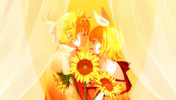 Rule 34 | 1boy, 1girl, ^ ^, backlighting, bare arms, bare shoulders, black ribbon, blonde hair, blush, camisole, close-up, closed eyes, closed mouth, curtains, eyelashes, closed eyes, face-to-face, flower, from side, hair ornament, hair ribbon, hairclip, happy, height difference, high collar, high ponytail, highres, jitome, kagamine len, kagamine rin, laughing, leaf, light particles, light smile, lips, long sleeves, open mouth, ponytail, profile, ribbon, savi (byakushimc), shaded face, shirt, short hair, simple background, sunflower, teeth, u u, upper body, vocaloid, white ribbon, yellow background, yellow camisole, yellow flower, yellow theme
