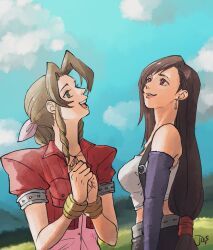 2girls aerith_gainsborough animal_ears artist_name bangle bare_shoulders belt black_gloves black_skirt blue_sky bracelet braid braided_ponytail breasts brown_eyes brown_hair choker crop_top cropped_jacket dress earrings elbow_gloves final_fantasy final_fantasy_vii gloves green_eyes grey_belt hair_ribbon hair_tie highres jacket jas_(jasjasjasart) jewelry long_hair low-tied_long_hair medium_breasts midriff multiple_girls open_mouth own_hands_together parted_bangs parted_lips pink_dress pink_ribbon puffy_short_sleeves puffy_sleeves red_jacket ribbon ribbon_choker shirt short_sleeves sidelocks single_braid skirt sky sleeveless sleeveless_turtleneck smile suspenders tifa_lockhart turtleneck upper_body white_shirt