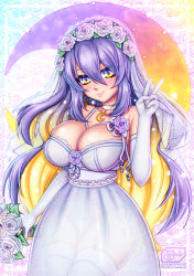 Rule 34 | 1girl, blonde hair, bouquet, breasts, bridal veil, bride, choker, cleavage, closed mouth, cowboy shot, crescent, crescent necklace, dress, flower, garter belt, garter straps, highres, hololive, hololive indonesia, jewelry, large breasts, long hair, moona hoshinova, multicolored eyes, multicolored hair, necklace, panties, patreon username, purple eyes, purple hair, see-through, see-through dress, sevie, side-tie panties, smile, solo, thighhighs, twitter username, two-tone hair, underwear, v, veil, very long hair, virtual youtuber, wedding dress, white choker, white dress, white thighhighs, yellow eyes
