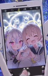 2girls :d :o ^_^ absurdres azusa_(blue_archive) backlighting blonde_hair blue_archive blurry blurry_background blush cellphone cellphone_photo christmas closed_eyes commentary crossed_bangs depth_of_field fireworks flower hair_between_eyes hair_flower hair_ornament halo heart heart_hands heart_hands_duo hifumi_(blue_archive) highres holding holding_phone long_hair long_sleeves low_twintails mikumiku37 multiple_girls open_mouth parted_lips phone pink_eyes reflection reflection_focus school_uniform selfie serafuku sidelocks smartphone smile twintails v-shaped_eyebrows white_hair white_serafuku wing_hair_ornament yellow_halo