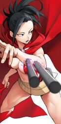 Rule 34 | 1girl, absurdres, black eyes, black hair, boku no hero academia, boots, breasts, cape, center opening, cleavage, hair pulled back, highres, knee boots, large breasts, leotard, long hair, looking to the side, materializing, navel, open mouth, ponytail, red cape, red footwear, red leotard, solo, thick thighs, thighs, weapon, white background, yaoyorozu momo, yoshio (55level)