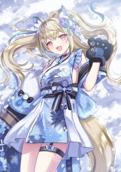 Rule 34 | 1girl, animal ear fluff, animal ears, animal hands, belt, black collar, black sash, blonde hair, blue belt, blue hair, blue kimono, breasts, collar, dog ears, dog girl, dog paws, dog tail, fang, flower, fuwawa abyssgard, fuwawa abyssgard (new year), hair flower, hair ornament, highres, hololive, hololive english, japanese clothes, kimono, large breasts, long hair, looking at viewer, multicolored hair, official alternate costume, open mouth, pink eyes, ponytail, redpepperoni00, sash, short kimono, skin fang, sleeveless, sleeveless kimono, smile, streaked hair, tail, thigh strap, virtual youtuber