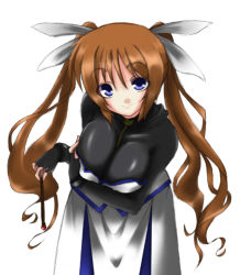 Rule 34 | 00s, 1girl, blue eyes, breast hold, breasts, brown hair, large breasts, long hair, lowres, lyrical nanoha, magical girl, mahou shoujo lyrical nanoha, mahou shoujo lyrical nanoha strikers, neo (tyottama), purple eyes, solo, takamachi nanoha, takamachi nanoha (exceed mode), twintails