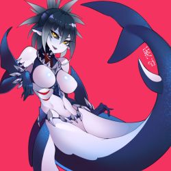 Rule 34 | 1girl, :d, abs, black hair, black sclera, blue gloves, blue skin, breasts, colored sclera, colored skin, commentary, commission, dated, elbow gloves, english commentary, fins, fish tail, gills, gloves, grey skin, halphelt, lipstick, looking at viewer, makeup, medium breasts, medium hair, mermaid, mershark (monster girl encyclopedia), monster girl, monster girl encyclopedia, multicolored skin, navel, no nipples, open mouth, ponytail, purple lips, red background, shark fin, shark girl, shark tail, sharp teeth, signature, simple background, slit pupils, smile, solo, tail, teeth, toned, two-tone skin, upper teeth only, yellow eyes