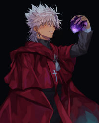 Rule 34 | 1boy, amakusa shirou (fate), black background, blood, blush, brown eyes, cape, colored blood, commentary request, cross, cross print, dark-skinned male, dark skin, earrings, fate/apocrypha, fate/grand order, fate (series), heart, highres, holding, holding heart, jewelry, long sleeves, looking at viewer, male focus, mutsu (621300), priest, purple blood, red cape, short hair, simple background, smile, solo, stole, tassel, teeth, upper body, white hair, yellow eyes