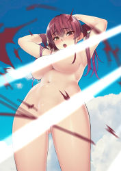 Rule 34 | 1girl, absurdres, arms behind head, blue sky, breasts, censored, cloud, day, hair ribbon, highres, hololive, houshou marine, huge filesize, large breasts, long hair, looking at viewer, nude, open mouth, oshiruko (oshiruco 212048), red eyes, red hair, red ribbon, ribbon, sky, solo, torn clothes, twintails, virtual youtuber