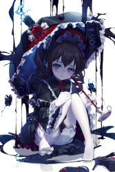 Rule 34 | 1girl, barefoot, black dress, black flower, black footwear, black nails, black ribbon, blue eyes, blue fire, blush, bug, butterfly, candle, check copyright, copyright request, dress, fire, flower, frilled dress, frilled umbrella, frills, highres, holding, holding flower, holding umbrella, insect, long hair, looking at viewer, multicolored umbrella, nail polish, original, red flower, red umbrella, ribbon, shoes, unworn shoes, simple background, sitting, solo, suigetsu (hjs1106), toenail polish, toenails, umbrella, white background, white ribbon