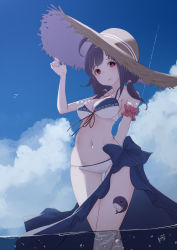 Rule 34 | 1girl, beach, bikini, bird, blue bikini, blue sarong, breasts, cleavage, cloud, cloudy sky, day, hair between eyes, hair flaps, hair ornament, hat, highres, kantai collection, looking at viewer, low twintails, medium breasts, navel, neve (morris-minicooper), ocean, official alternate costume, open mouth, purple hair, red eyes, sarong, seagull, signature, sky, solo, sun hat, swimsuit, taigei (kancolle), tattoo, twintails, water, whale, whale hair ornament, white bikini