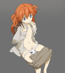 Rule 34 | 1girl, backpack, bad id, bad pixiv id, bag, blue eyes, clothes pull, flat chest, hair ornament, hairclip, long hair, neemui, neon genesis evangelion, nipples, open clothes, open shirt, orange hair, panties, panty pull, randoseru, shirt, skirt, skirt pull, solo, souryuu asuka langley, underwear, undressing, aged down, zipper