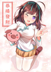 Rule 34 | 1girl, animal, aqua ribbon, arm up, blush, brown footwear, brown hair, buck teeth, chinese clothes, chinese new year, commentary, english commentary, gradient background, hair ribbon, happy new year, head tilt, highres, holding, holding animal, impossible clothes, impossible shirt, kneeling, looking at viewer, medium hair, miniskirt, new year, one eye closed, open mouth, original, pig, pink background, pleated skirt, purple eyes, ribbon, sasha chii, shadow, shirt, skirt, solo, teeth, thighhighs, upper teeth only, v, white thighhighs, yellow skirt