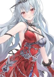 1girl absurdly_long_hair arknights bare_shoulders breasts cleavage crown dress fur-trimmed_gloves fur_trim gloves grey_hair hair_between_eyes halter_dress halterneck highres long_hair looking_at_viewer mizuasagi35181 official_alternate_costume red_dress red_eyes red_gloves side_slit skadi_(arknights) skadi_the_corrupting_heart_(arknights) skadi_the_corrupting_heart_(red_countess)_(arknights) sleeveless sleeveless_dress solo strap very_long_hair white_hair