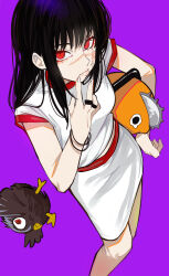 Rule 34 | 1girl, absurdres, bird, black hair, bracelet, chainsaw, chainsaw man, hand on own face, hand on own hip, highres, jewelry, looking at viewer, pochita (chainsaw man), red eyes, ringed eyes, sailen0, scar, scar on face, shirt, skirt, war devil (chainsaw man), white shirt, white skirt, yoru (chainsaw man)