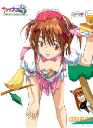 Rule 34 | 00s, 2girls, :3, animal ears, animal hands, areola slip, artist name, bent over, bird, bow, bow panties, breasts, breasts apart, brown eyes, brown hair, cake, copyright name, coquelicot (sakura taisen), downblouse, erica fontaine, extended downblouse, food, hair bobbles, hair ornament, long hair, multiple girls, nipple slip, nipples, no bra, panties, pantyshot, partially translated, pastry, peeking, pink bow, q azieru, reference work, sakura taisen, sakura taisen iii, short twintails, simple background, small breasts, standing, translation request, tree, twintails, underwear, waitress, white background, white panties
