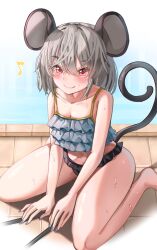Rule 34 | 1girl, animal ears, bikini, blush, closed mouth, frilled bikini, frills, full body, grey hair, highres, looking at viewer, mahoro (minase mahoro), mouse ears, mouse girl, mouse tail, musical note, navel, nazrin, poolside, red eyes, seiza, short hair, sitting, smile, solo, swimsuit, tail, touhou, wet