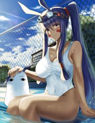 Rule 34 | 1girl, animal ears, bare shoulders, blue sky, blush, breasts, collarbone, dark-skinned female, dark skin, day, facial mark, fate/grand order, fate (series), fence, goggles, goggles on head, hair tubes, highres, jackal ears, large breasts, long hair, looking at viewer, low-tied long hair, medjed (fate), nicky w, nitocris (fate), one-piece swimsuit, ponytail, pool, purple eyes, purple hair, sidelocks, sitting, sky, sunlight, swimsuit, thighs, very long hair, white one-piece swimsuit