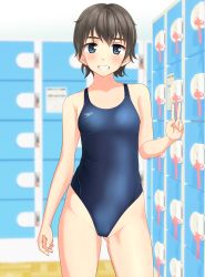 Rule 34 | 1girl, absurdres, black hair, black one-piece swimsuit, blue eyes, blurry, breasts, competition swimsuit, contrapposto, cowboy shot, depth of field, grin, highres, locker, locker room, looking at viewer, one-piece swimsuit, original, short hair, small breasts, smile, solo, speedo (company), standing, swimsuit, takafumi, v