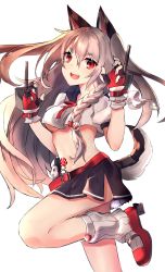 Rule 34 | 1girl, :d, animal ears, azur lane, belt, belt buckle, black skirt, braid, breasts, brown hair, buckle, cannon, chamnaitu, commentary request, crop top, crop top overhang, fang, fingerless gloves, gloves, grey nails, hair between eyes, high heels, highres, long hair, looking at viewer, loose socks, medium breasts, multicolored nails, nail polish, navel, open mouth, pink nails, pleated skirt, puffy short sleeves, puffy sleeves, red belt, red eyes, red footwear, red gloves, red nails, school uniform, serafuku, shirt, short sleeves, side slit, simple background, single braid, skirt, smile, socks, solo, standing, standing on one leg, tail, thick eyebrows, turret, underboob, very long hair, white background, white shirt, white socks, wolf ears, wolf tail, yuudachi (azur lane)