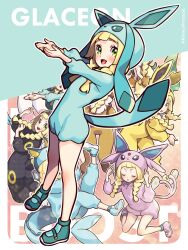 Rule 34 | 6+girls, :d, :o, blonde hair, blunt bangs, blush, braid, commentary request, cosplay, creatures (company), eevee, eevee (cosplay), espeon, espeon (cosplay), eyelashes, flareon, flareon (cosplay), game freak, gen 1 pokemon, gen 2 pokemon, gen 4 pokemon, gen 6 pokemon, glaceon, glaceon (cosplay), green eyes, hands up, highres, index fingers raised, jolteon, jolteon (cosplay), kinocopro, leafeon, leafeon (cosplay), lillie (pokemon), long hair, looking at viewer, multiple girls, multiple persona, nintendo, onesie, open mouth, outline, own hands together, pokemon, pokemon ears, pokemon sm, pokemon tail, shoes, smile, sylveon, sylveon (cosplay), tail, twin braids, twitter username, umbreon, umbreon (cosplay), vaporeon, vaporeon (cosplay), z-move trainer pose