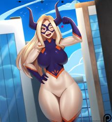 Rule 34 | 1girl, artist name, blonde hair, blush, bodysuit, boku no hero academia, breasts, building, domino mask, doom x wolf, giant, giantess, hand on own hip, heart, highres, large breasts, long hair, mask, mount lady, one eye closed, open mouth, purple eyes, smile, solo, mount lady, thick thighs, thighs, wide hips
