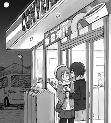 Rule 34 | 2girls, bag, beret, car, carrying, casual, closed mouth, coat, commentary, convenience store, cup, english text, full moon, girls und panzer, greyscale, handbag, hat, holding, holding cup, long sleeves, looking at another, miniskirt, monochrome, moon, motor vehicle, multiple girls, mutsu (layergreen), night, night sky, nishizumi maho, nishizumi miho, open clothes, open coat, outdoors, pantyhose, pleated skirt, scarf, shirt, shop, short hair, skirt, sky, smile, standing, star (sky), starry sky, winter clothes