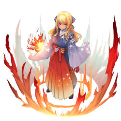 Rule 34 | 1girl, absurdres, blonde hair, blue kimono, blush, bow, brooch, closed mouth, dark-skinned female, dark skin, elf, fire, floral print, from above, full body, gloves, hair bow, hair intakes, hakama, hakama skirt, highres, hololive, hololive fantasy, japanese clothes, jewelry, kimono, locket, long hair, long skirt, looking at viewer, mikan (chipstar182), multicolored hair, pendant, pleated skirt, pointy ears, pyrokinesis, red eyes, red gloves, red hakama, red skirt, shiranui flare, shiranui flare (new year), sidelocks, skirt, smile, solo, streaked hair, v-shaped eyebrows, virtual youtuber, wide sleeves