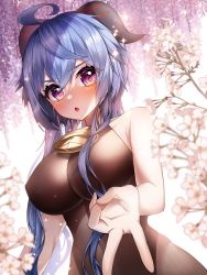 Rule 34 | 1girl, :o, absurdres, ahoge, bare arms, bell, black leotard, blue hair, blush, bodystocking, bodysuit, breasts, flower, ganyu (genshin impact), genshin impact, hando 2020, highres, horns, large breasts, leotard, leotard under clothes, long hair, looking at viewer, neck bell, no gloves, nose blush, open mouth, pink flower, purple eyes, sidelocks, sleeveless, solo, v, white flower
