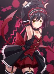 Rule 34 | 1girl, alice (mary skelter), armpits, black hair, black thighhighs, breasts, cleavage, collar, cowboy shot, dress, garter straps, gloves, hair ornament, hairclip, looking at viewer, mary skelter, mizunashi (second run), sleeveless, solo, thighhighs, yellow eyes