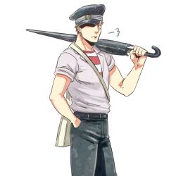 Rule 34 | 1boy, artist request, bad id, bad pixiv id, blonde hair, carrying over shoulder, closed mouth, cowboy shot, cross scar, facial scar, hands in pockets, hat, hat over one eye, holding, holding umbrella, kawabuchi sentarou, looking at viewer, male focus, military hat, sakamichi no apollon, scar, scar on cheek, scar on face, shirt, short hair, simple background, sleeves rolled up, solo, striped clothes, striped shirt, umbrella, white background