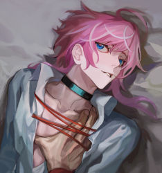 Rule 34 | amemura ramuda, blue eyes, choker, collarbone, collared shirt, hand on another&#039;s chest, hypnosis mic, implied yaoi, open clothes, open shirt, pink hair, reichio, shirt, short hair, sidelocks, swept bangs, white shirt