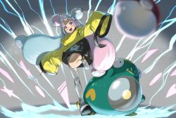 Rule 34 | 1girl, :d, absurdres, bellibolt, bike shorts, blurry, blurry foreground, blush, bow-shaped hair, character hair ornament, commentary request, creatures (company), game freak, green hair, grey footwear, hair ornament, happy, highres, iono (pokemon), iroiro yaru hito, jacket, leg up, long hair, multicolored hair, nintendo, open mouth, pink hair, poke ball, poke ball (basic), pokemon, pokemon (creature), pokemon sv, shoes, single leg pantyhose, sleeves past fingers, sleeves past wrists, smile, solo, teeth, tongue, twintails, two-tone hair, upper teeth only, yellow jacket