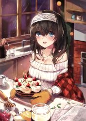 Rule 34 | 10s, 1girl, bare shoulders, black hair, blue eyes, blush, breasts, cake, christmas, cleavage, collarbone, cup, food, hair between eyes, hairband, highres, honey, honey dipper, idolmaster, idolmaster cinderella girls, indoors, jewelry, jksh5056, kitchen, large breasts, long hair, looking at viewer, merry christmas, mittens, necklace, night, off shoulder, open mouth, plaid, ribbed sweater, sagisawa fumika, shawl, smile, solo, sweater, tareme, teacup, teeth
