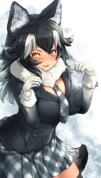 Rule 34 | 10s, 1girl, animal ears, black hair, black thighhighs, blue eyes, blush, breasts, fur collar, gloves, grey wolf (kemono friends), heterochromia, highres, kemono friends, large breasts, long hair, long sleeves, looking at viewer, multicolored hair, necktie, open mouth, paw pose, pekoneko, pencil, plaid, plaid skirt, skirt, smile, solo, tail, thighhighs, two-tone hair, waifu2x, white gloves, white hair, wolf ears, wolf tail, yellow eyes, zettai ryouiki