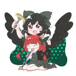 Rule 34 | 2girls, :3, :d, animal, animal ear fluff, animal ears, arm up, bare legs, barefoot, bird wings, black hair, black pantyhose, black wings, blunt bangs, bow, braid, cape, cat ears, closed eyes, commentary request, dress, drooling, fish, food, fork, green bow, green cape, green dress, hair bow, hair ribbon, holding, holding animal, holding fish, holding fork, kaenbyou rin, kneeling, long hair, long sleeves, mouth drool, multiple girls, open mouth, pancake, pantyhose, puffy short sleeves, puffy sleeves, red eyes, red hair, reiuji utsuho, ribbon, rn (sbr2933090), saliva, saliva on head, short sleeves, simple background, sitting, smile, touhou, tress ribbon, twin braids, wariza, white background, white cape, wings